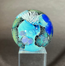 Load image into Gallery viewer, Josh Simpson Contemporary Glass: 1.75" Inhabited Planet in Brass Globe Stand