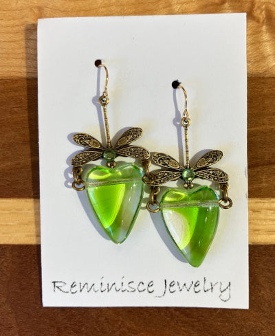 Reminisce Jewelry: Green Glass Heart Earrings