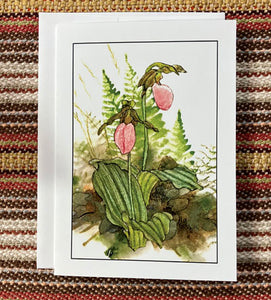 Polly French: Pink Lady-slippers with Ferns Card