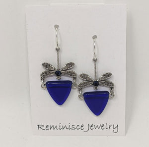 Reminisce Jewelry: Cobalt Glass Fan With Dragonflies Earrings